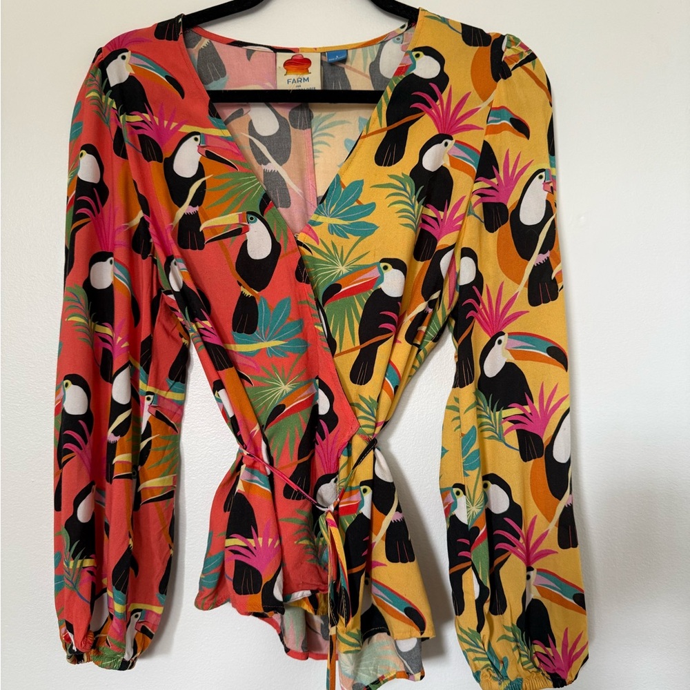 FARM Rio Multicolor Toucan Print Wrap Blouse